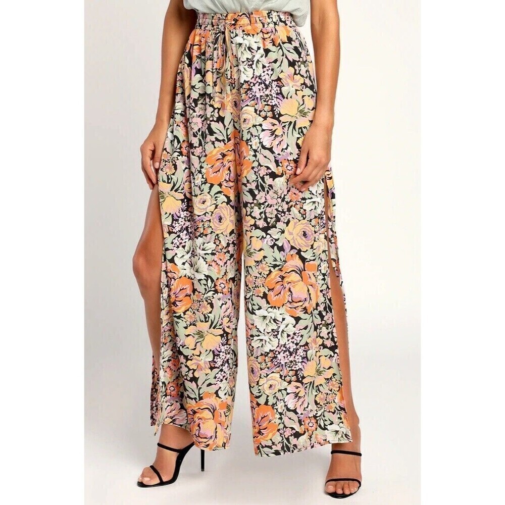 Lulu’s Capture the Blooms Black Multi Floral Print Wide Leg Pants Size XS NWT - Picture 2 of 8